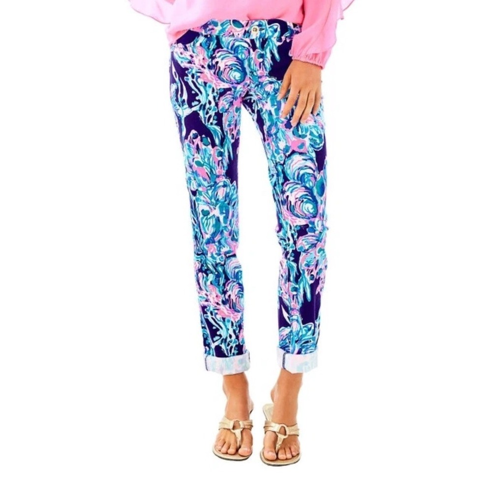 Lilly Pulitzer Womens Divia Ankle Pants Blue/Pink/White Abstract Chino Jeans 4